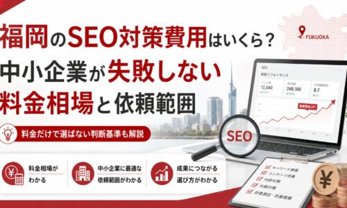 福岡のSEO対策費用をテーマに、料金相場、依頼範囲、SEO分析、検索順位改善、費用対効果を示したアイキャッチ画像