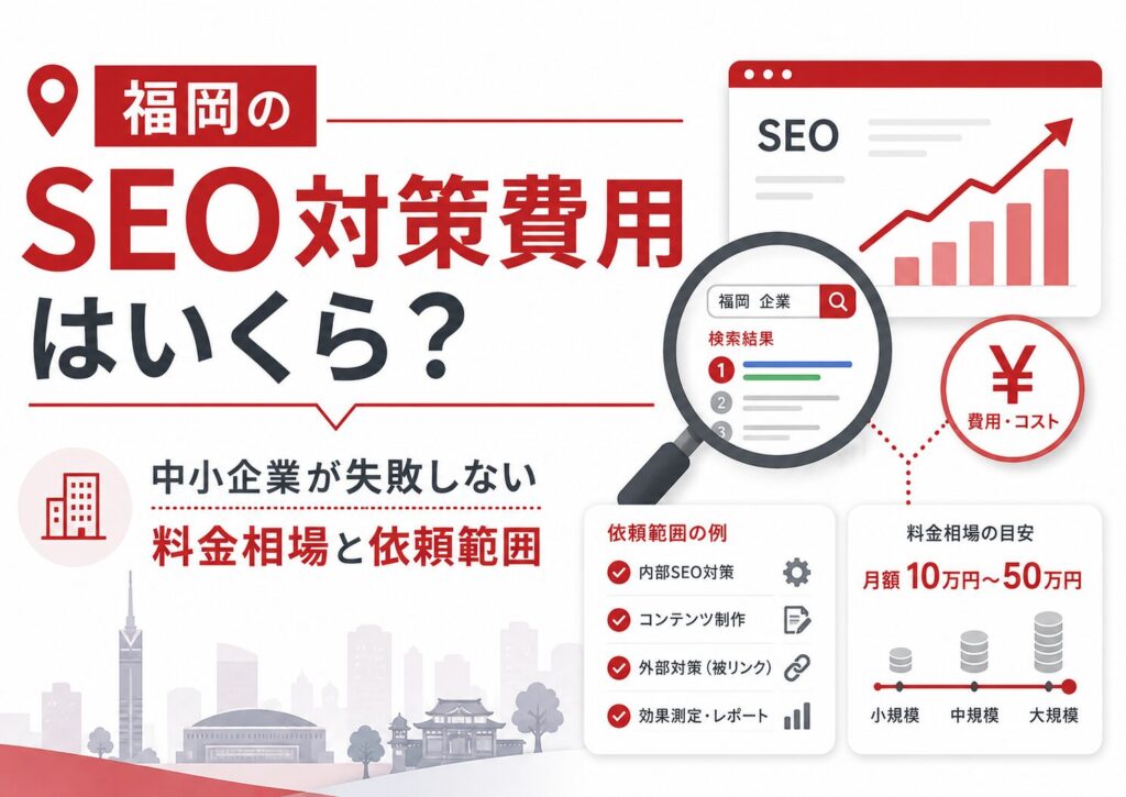 福岡のSEO対策費用をテーマに、検索順位の上昇グラフ、SEO検索結果、料金相場、依頼範囲、費用対効果を示したアイキャッチ画像