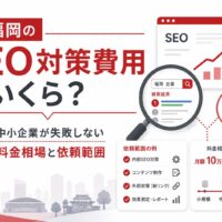 福岡のSEO対策費用をテーマに、検索順位の上昇グラフ、SEO検索結果、料金相場、依頼範囲、費用対効果を示したアイキャッチ画像
