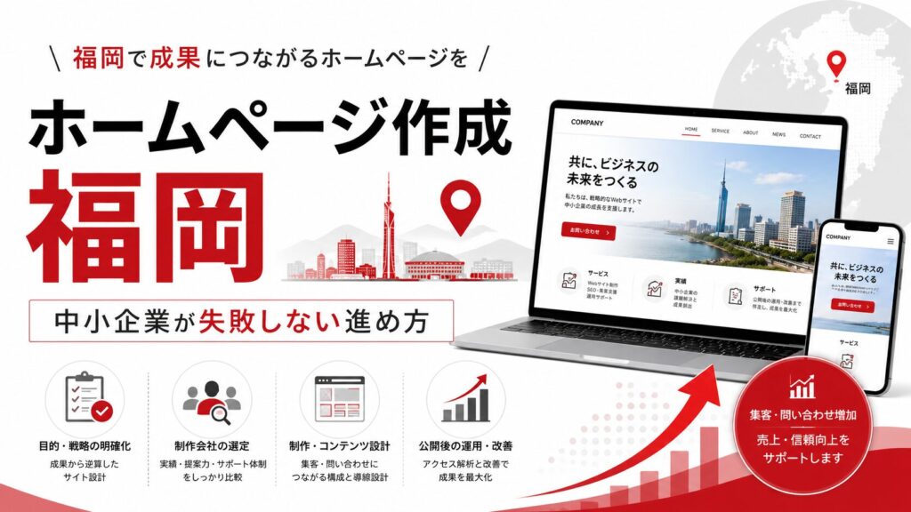 ホームページ作成を福岡で依頼する方向けに、制作会社選び、集客導線、問い合わせ増加、Webサイト設計、福岡エリアを示したアイキャッチ画像