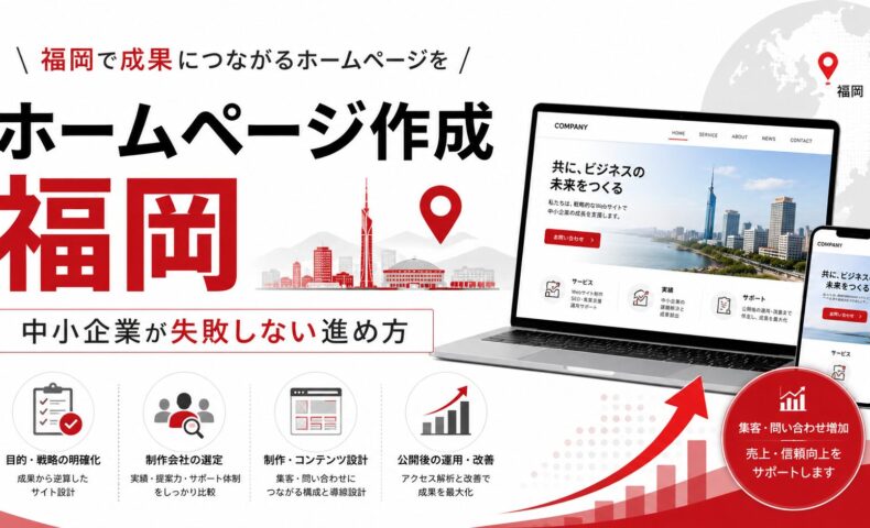 ホームページ作成を福岡で依頼する方向けに、制作会社選び、集客導線、問い合わせ増加、Webサイト設計、福岡エリアを示したアイキャッチ画像