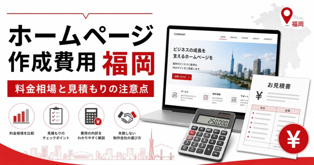 ホームページ作成費用を福岡で調べている方向けに、料金相場、見積もり、費用内訳、制作会社選び、福岡エリアを示したアイキャッチ画像