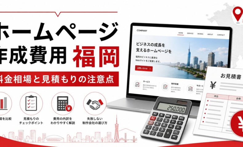 ホームページ作成費用を福岡で調べている方向けに、料金相場、見積もり、費用内訳、制作会社選び、福岡エリアを示したアイキャッチ画像