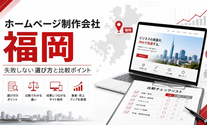 ホームページ制作会社を福岡で探している方向けに、制作会社選び、比較ポイント、Webサイト制作、集客設計、SEO対策、福岡エリアを示したアイキャッチ画像