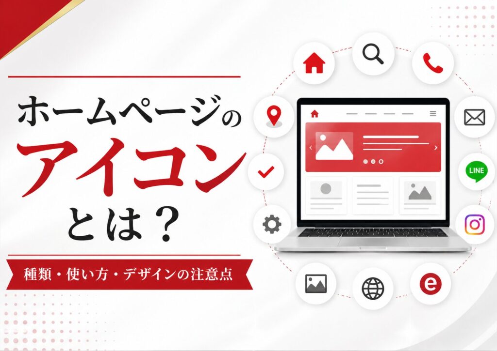 ホームページのアイコンについて、ファビコン、検索、電話、メール、LINE、SNS、地図ピン、チェックマークなどの種類と使い方を示したアイキャッチ画像