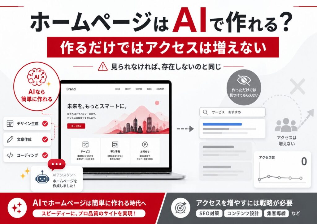 ホームページはAIで作れるが、作るだけではアクセスが増えないことをテーマに、AI制作、検索対策、アクセス改善、SEO、集客導線を示したアイキャッチ画像