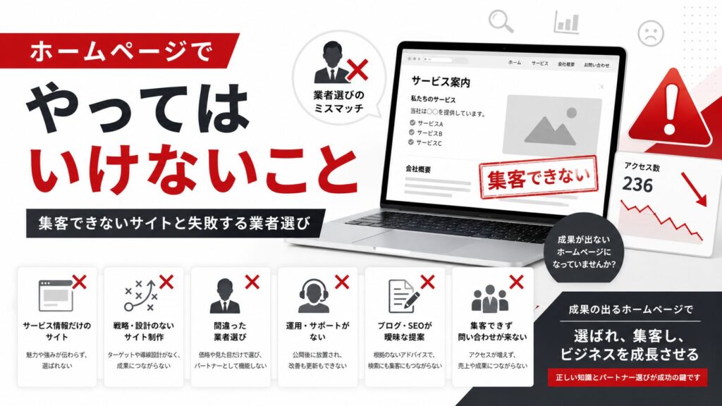 ホームページでやってはいけないことをテーマに、集客できないサイト、失敗する業者選び、運用不足、曖昧なSEO提案、アクセス減少を示したアイキャッチ画像