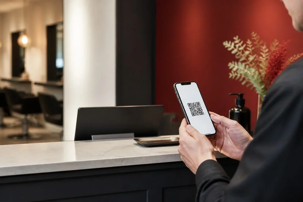 美容室の受付でスマートフォンの口コミ投稿用QRコードを確認する店舗オーナー