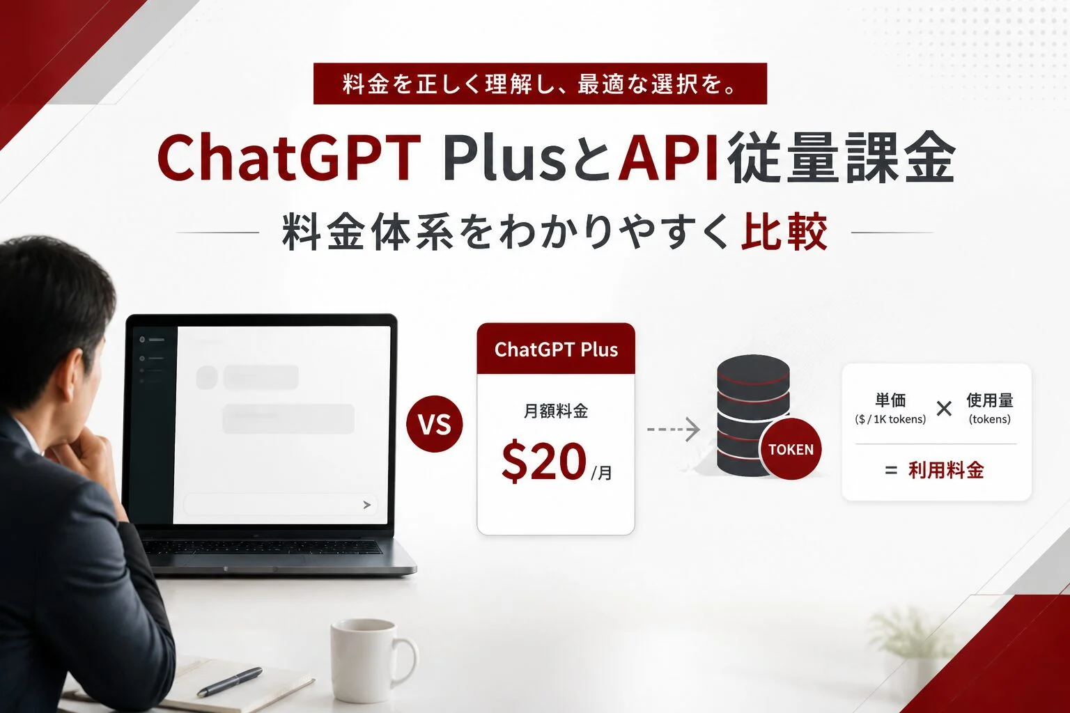 ChatGPT Plusの月額料金とAPIの従量課金を比較するノートパソコンと料金カードのイメージ