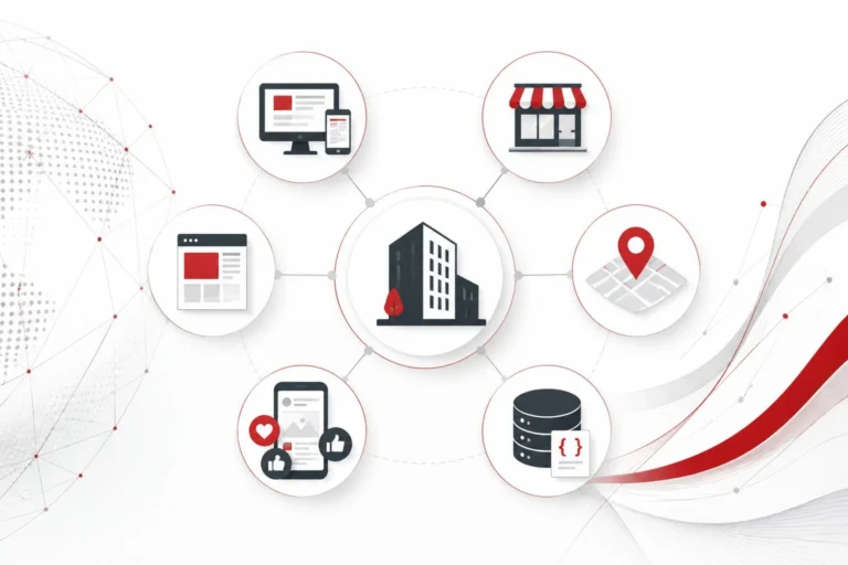企業や店舗の情報を公式サイト、Googleマップ、SNS、構造化データで整理するエンティティSEOの概念図