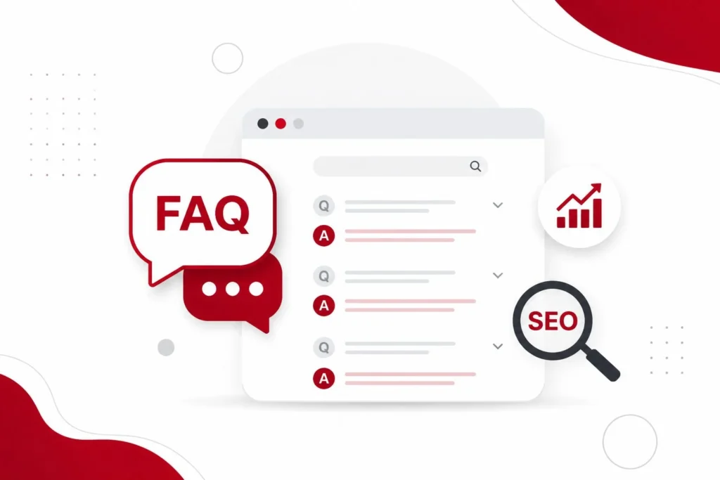 質問と回答が整理されたFAQページを表す吹き出しとWeb画面のイメージ