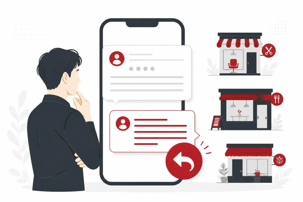 店舗担当者がスマートフォンで口コミ返信を確認しているイメージ