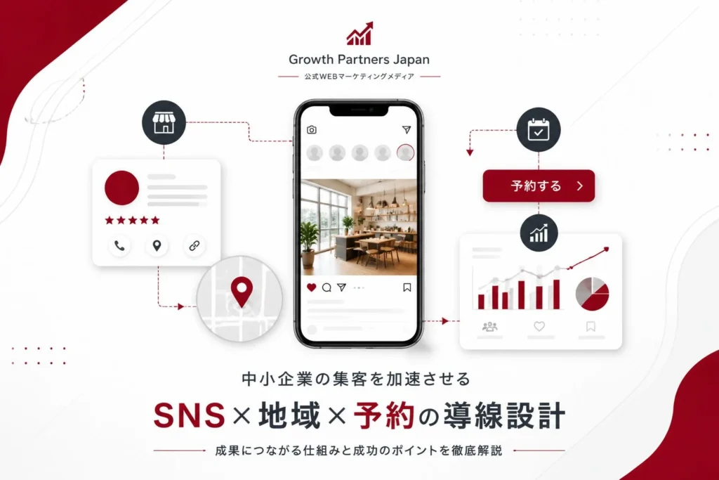 スマートフォンの店舗プロフィールと地域情報、予約導線、分析グラフを表現したInstagram集客のイメージ