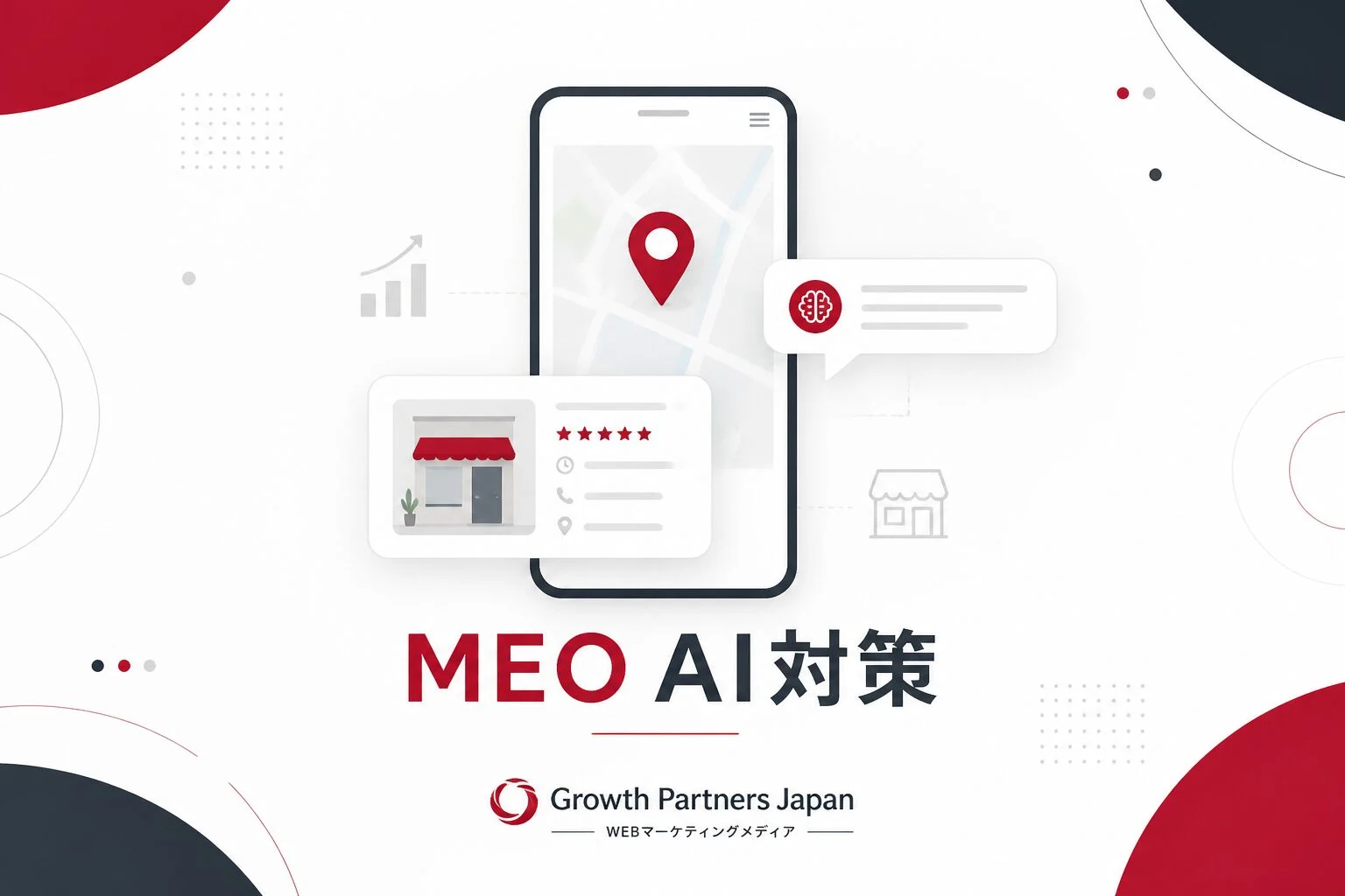 スマートフォン上の地図と店舗情報カードを使ってMEO AI対策を表現したイラスト