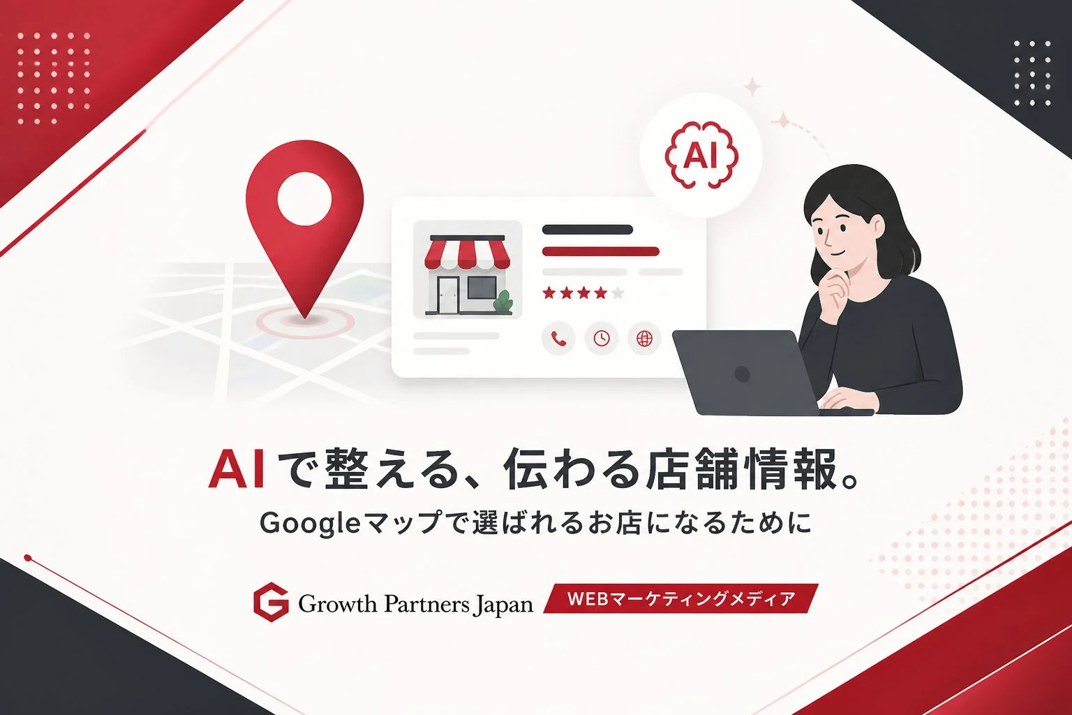 AIを活用したMEO対策のイメージとして地図ピンと店舗情報カードを配置した画像