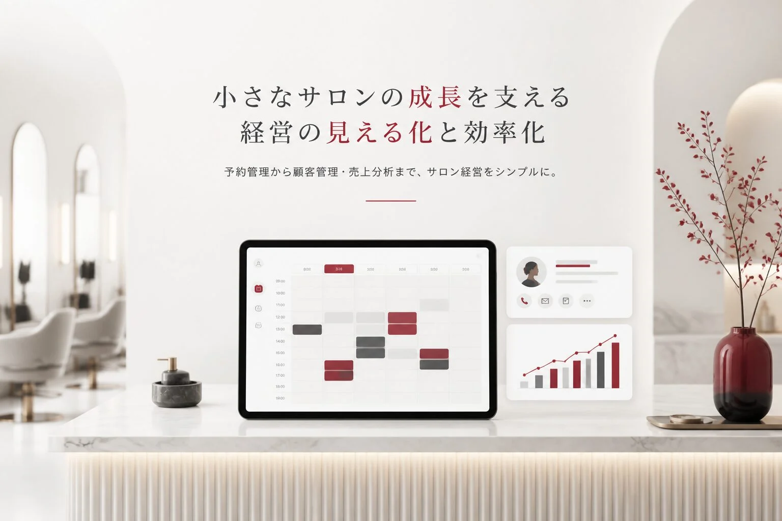 タブレットの予約スケジュールと顧客管理カードを置いたサロン受付のイメージ