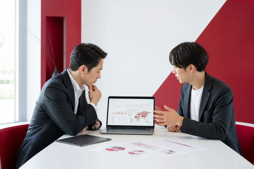 福岡の中小企業経営者とWebマーケターがSEO施策の優先順位を確認している様子