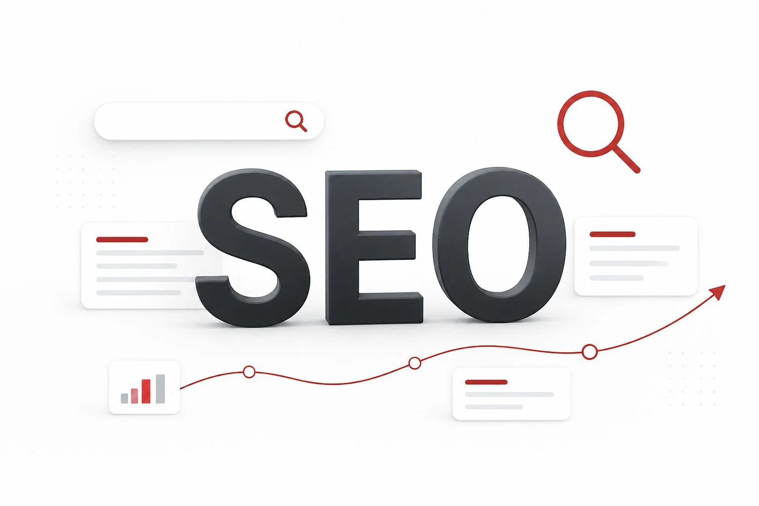 白い背景の中央にチャコール色のSEOの文字があり、濃い赤の検索アイコンと検索結果を表す図形が配置された画像