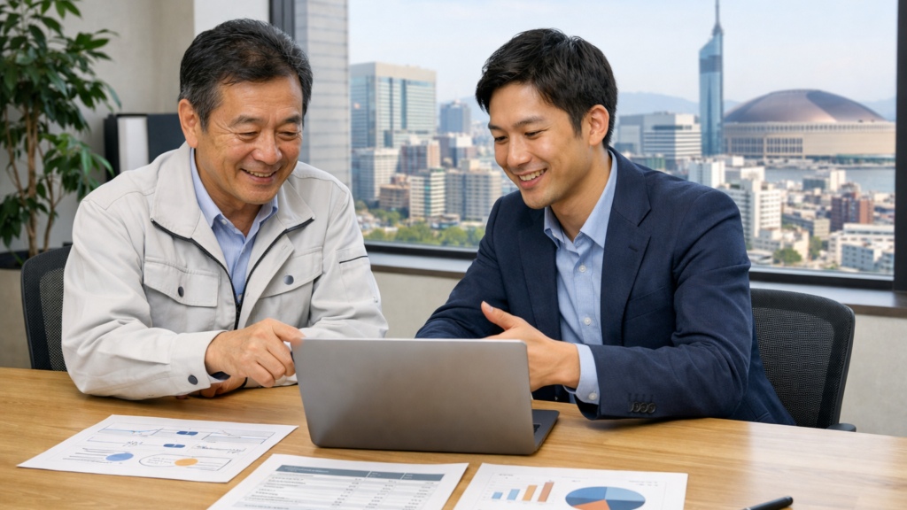 福岡の事業者がWebマーケティング会社の担当者と集客導線や費用を相談している様子