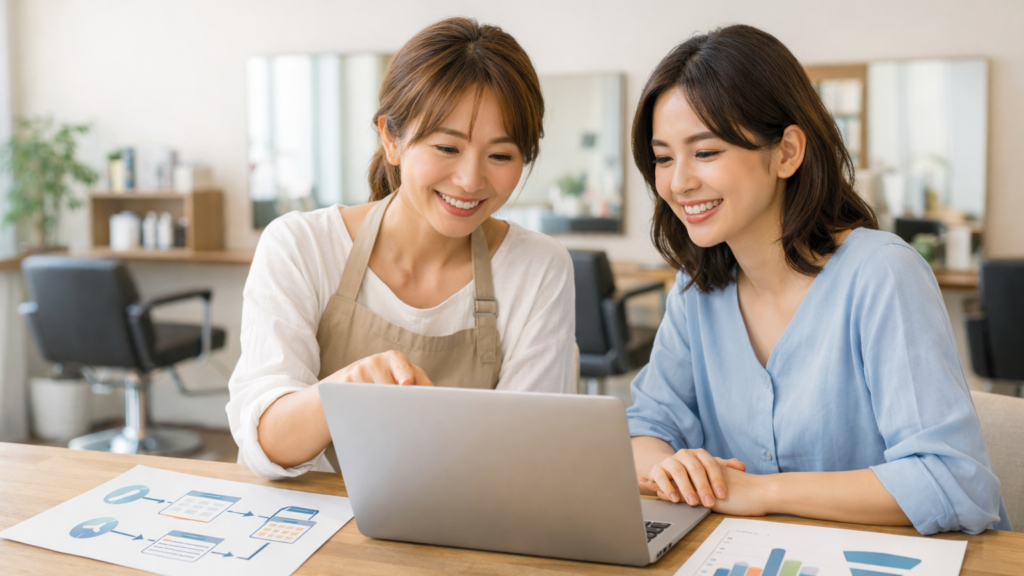 美容室のオーナーとWeb担当者が検索データと予約導線を確認している様子