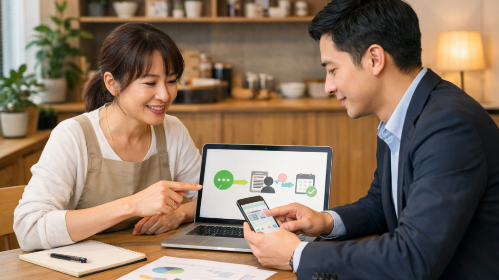 LINEの友だち追加から予約までの配信導線を確認する事業者とマーケティング担当者