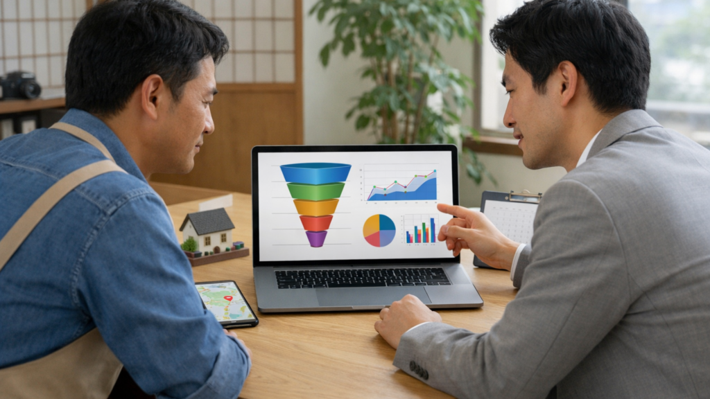 中小企業の経営者とWebマーケティング担当者が集客導線と成果指標を確認している様子